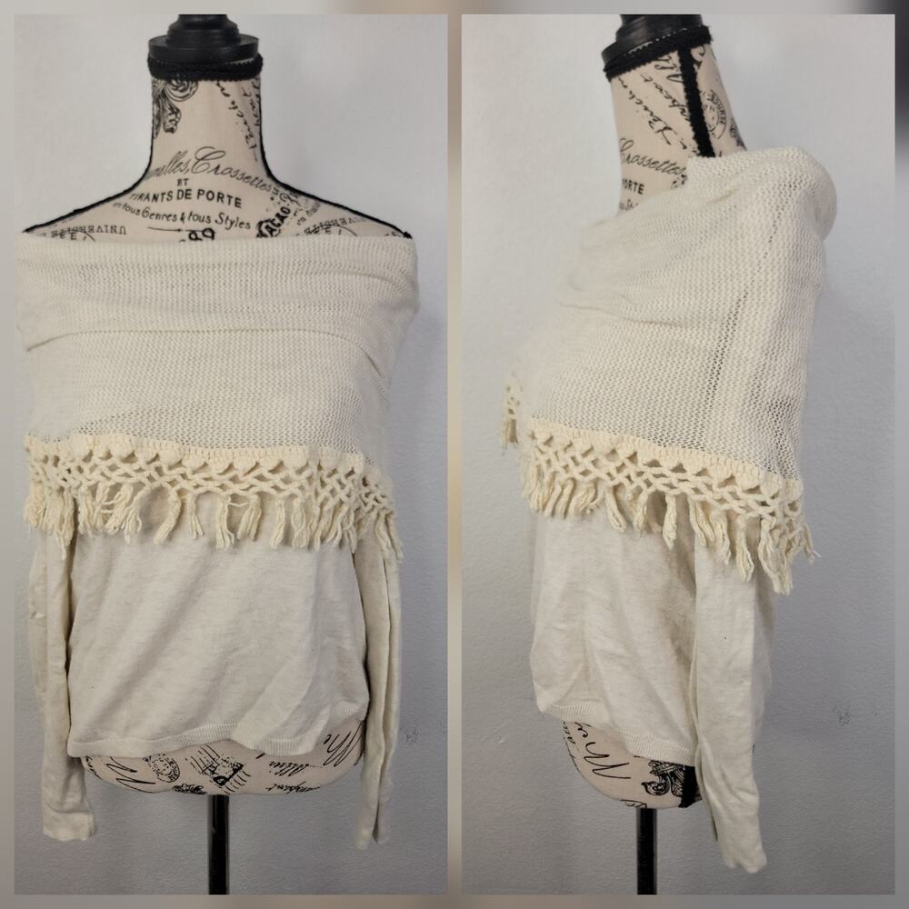 Angel of the North Anthropologie Sweater SZ L Cream Fringe Crochet Cowl Neck